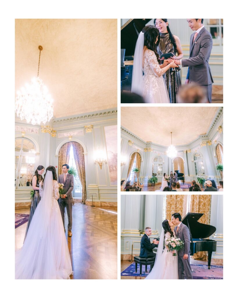 Collage of Monica and Kevin’s intimate wedding ceremony inside Filoli ballroom