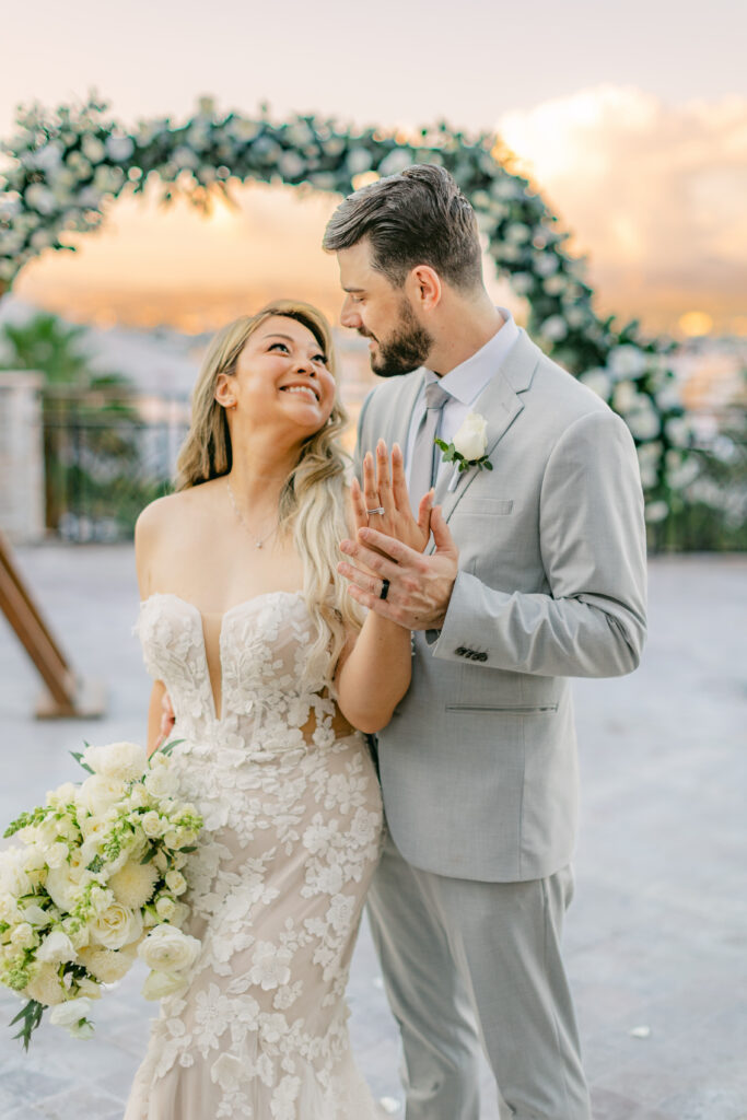Jennifer gazing up at Chris for a sunset portrait