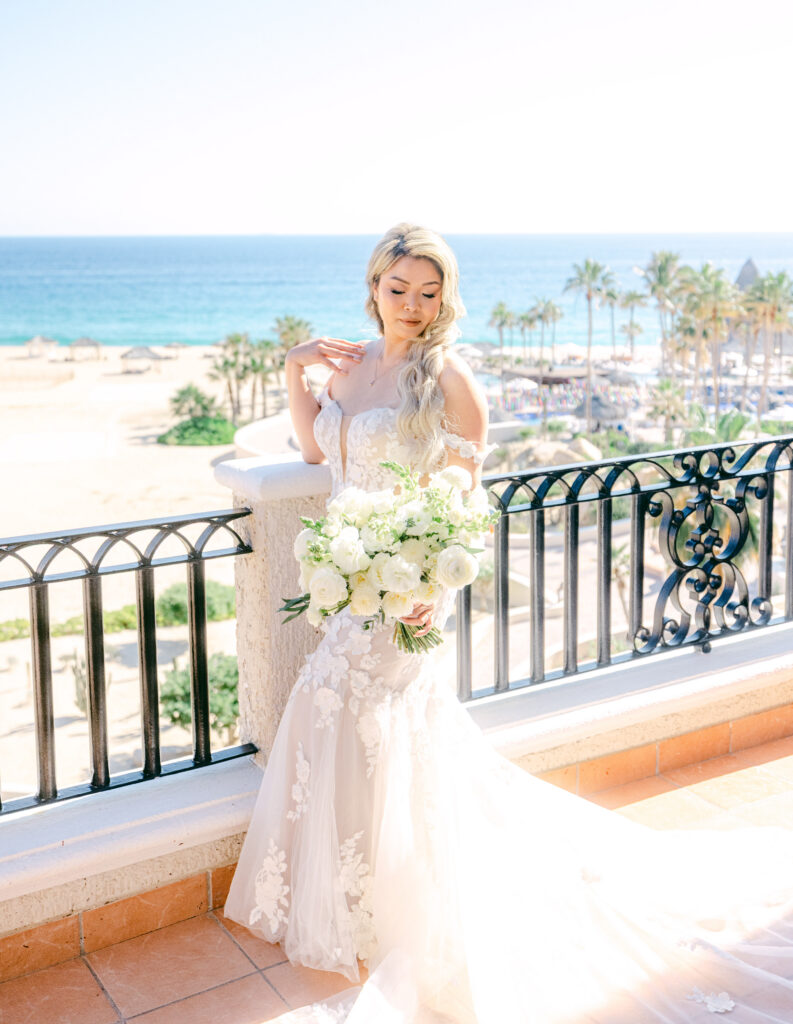 Jennifer in her wedding dress on the balcony before the ceremony