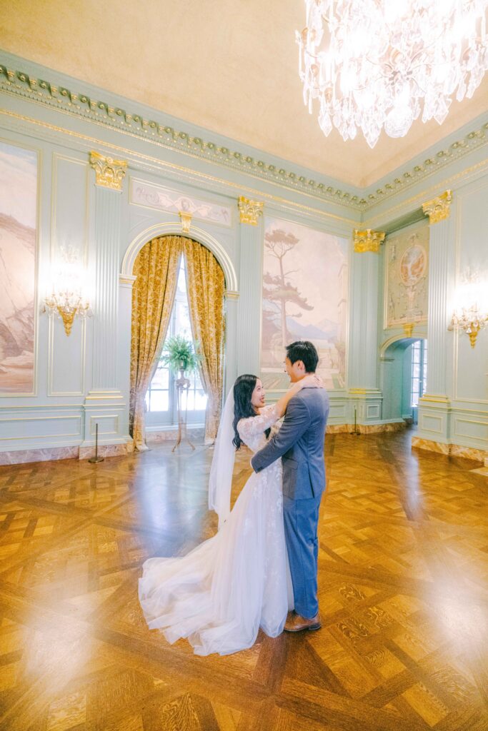 Monica and Kevin in the ornate Filoli ballroom